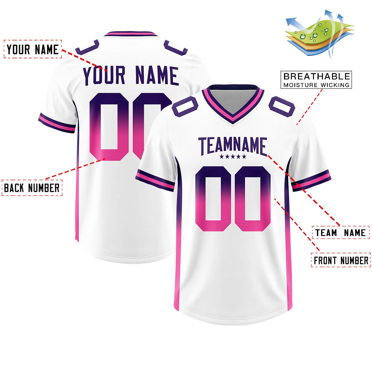 Custom White Purple and Pink Sides Gradient Fashion Personalized Team American Football Jersey