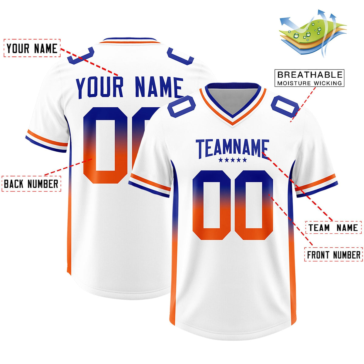 Custom White Royal and Orange Sides Gradient Fashion Personalized Team American Football Jersey