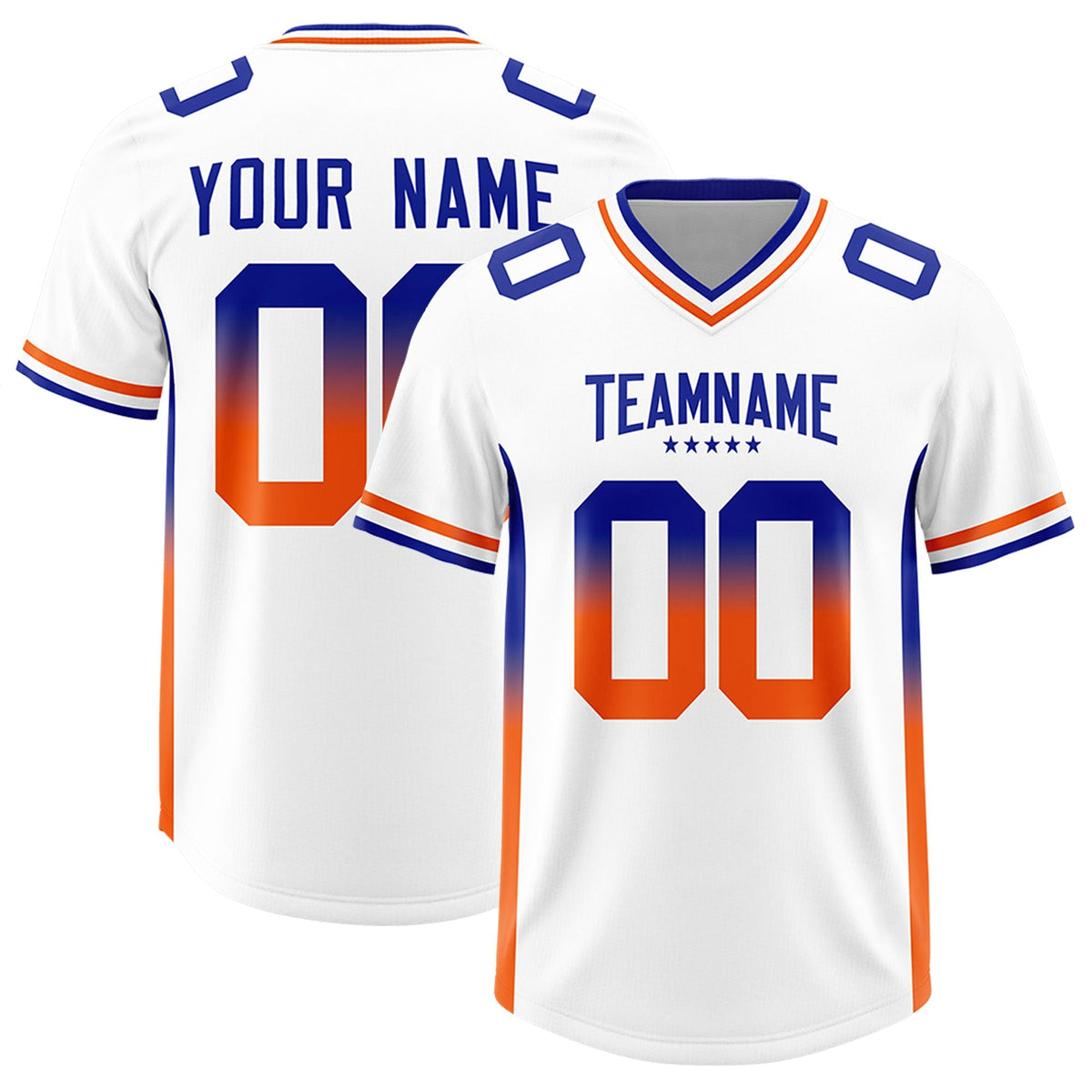 Custom White Royal and Orange Sides Gradient Fashion Personalized Team American Football Jersey