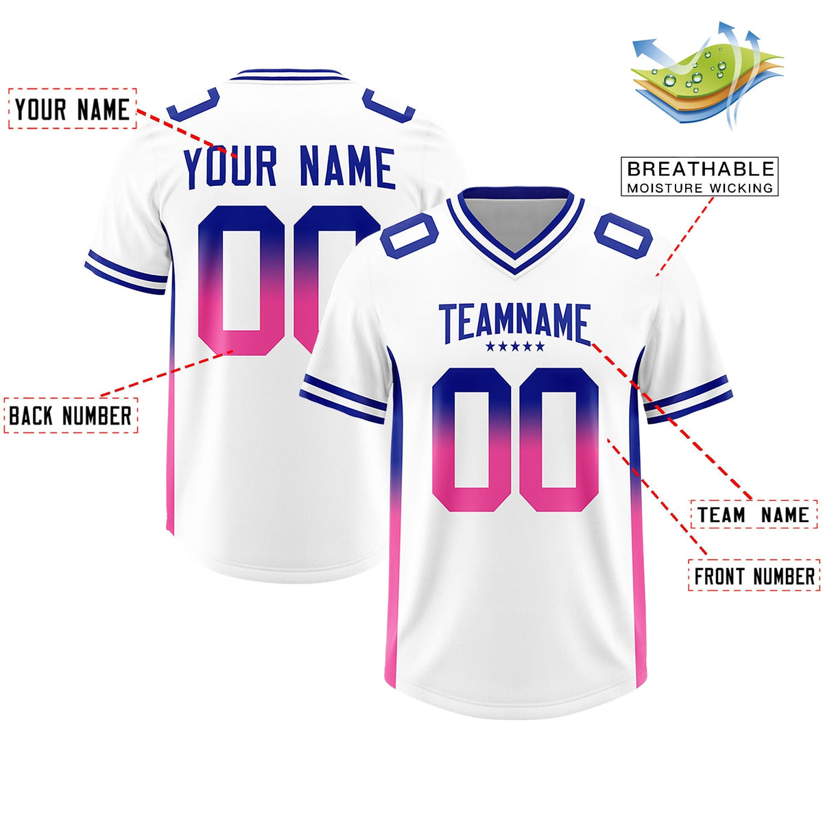 Custom White Royal and Pink Sides Gradient Fashion Personalized Team American Football Jersey