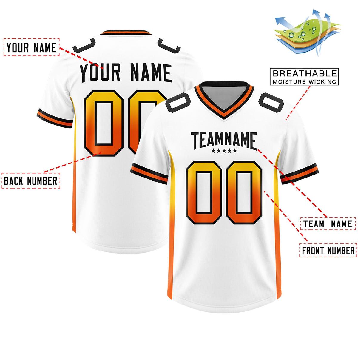 Custom White Gold Sides Gradient Fashion Personalized Team American Football Jersey