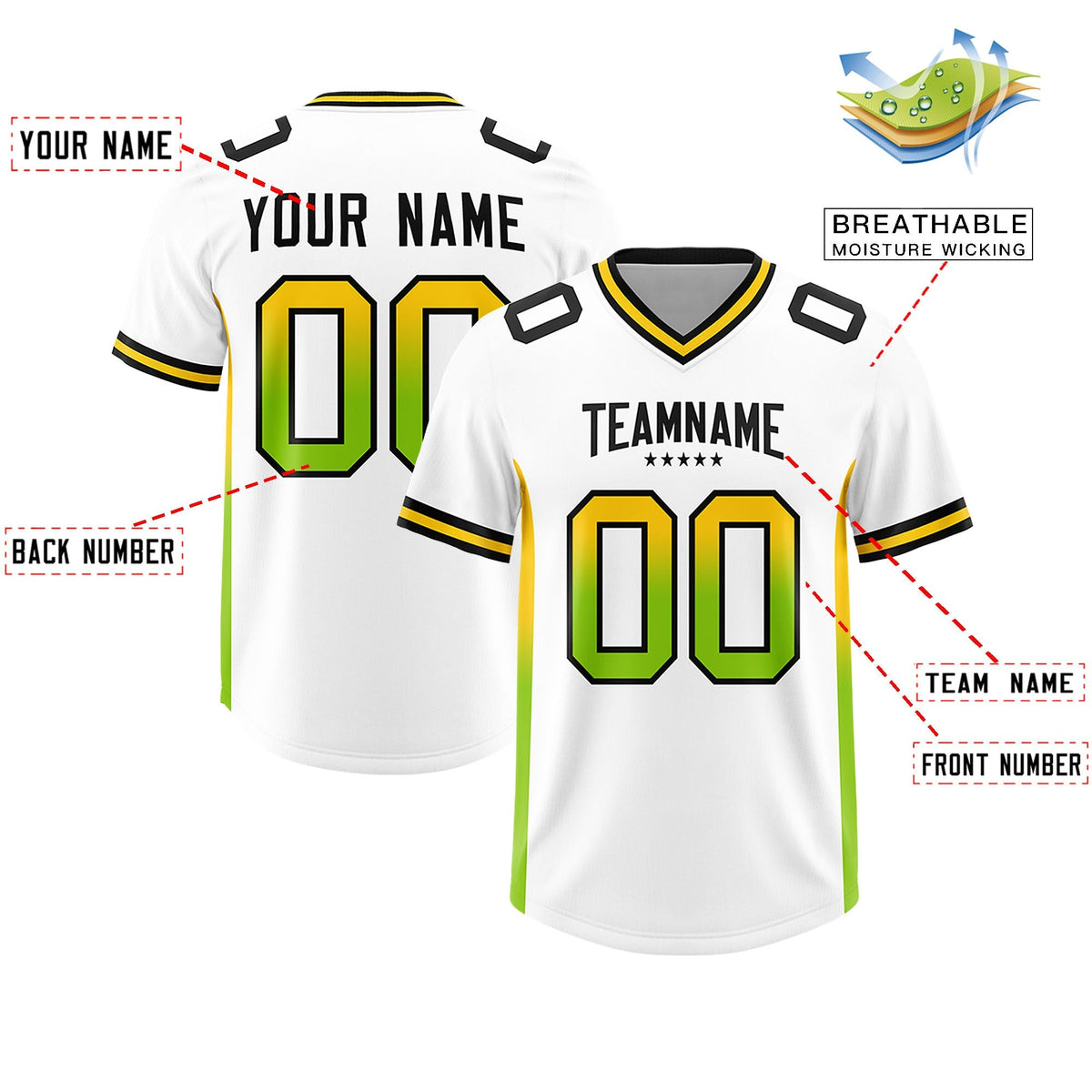 Custom White Gold Sides Gradient Fashion Personalized Team American Football Jersey