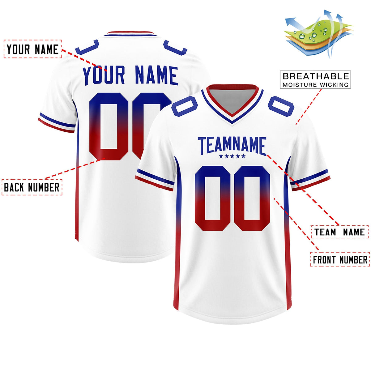 Custom White Royal and Red Sides Gradient Fashion Personalized Team American Football Jersey