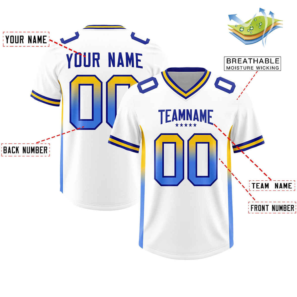 Custom White Gold Sides Gradient Fashion Personalized Team American Football Jersey