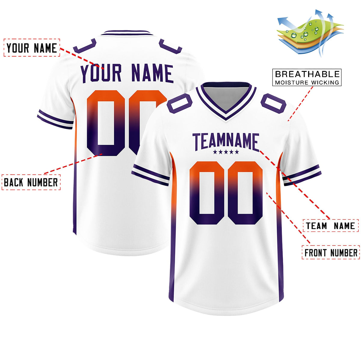 Custom White Orange and Purple Sides Gradient Fashion Personalized Team American Football Jersey