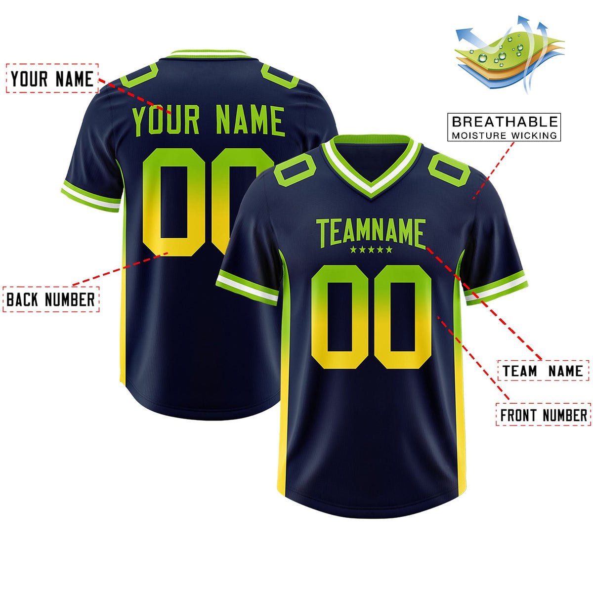 Custom Navy Neon Green and Gold Sides Gradient Fashion Personalized Team American Football Jersey