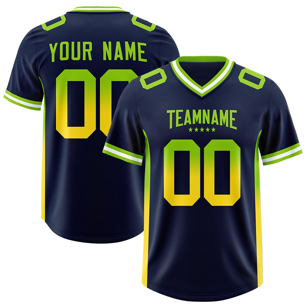 Custom Navy Neon Green and Gold Sides Gradient Fashion Personalized Team American Football Jersey