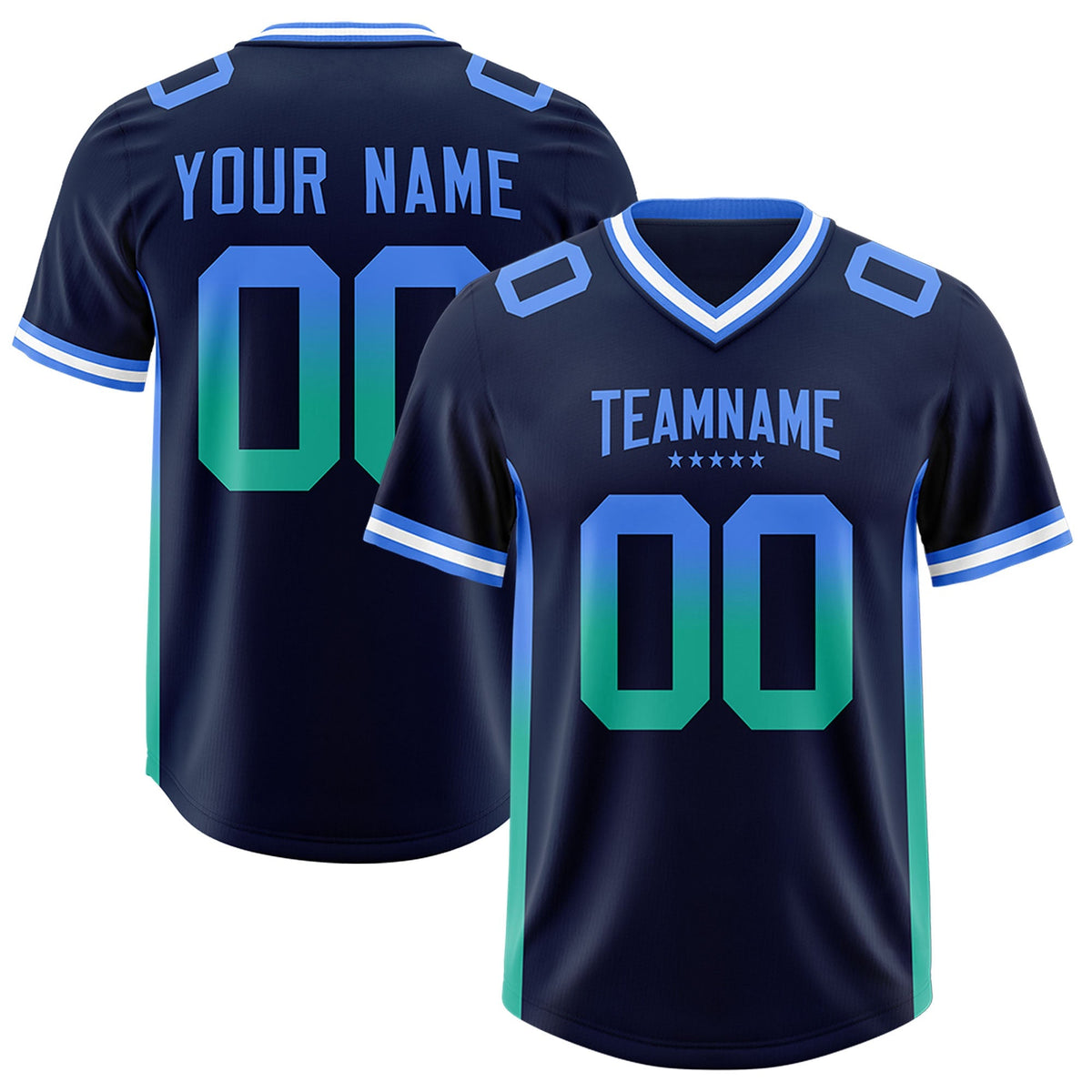 Custom Navy Powder Blue and Bright Green Sides Gradient Fashion Personalized Team American Football Jersey