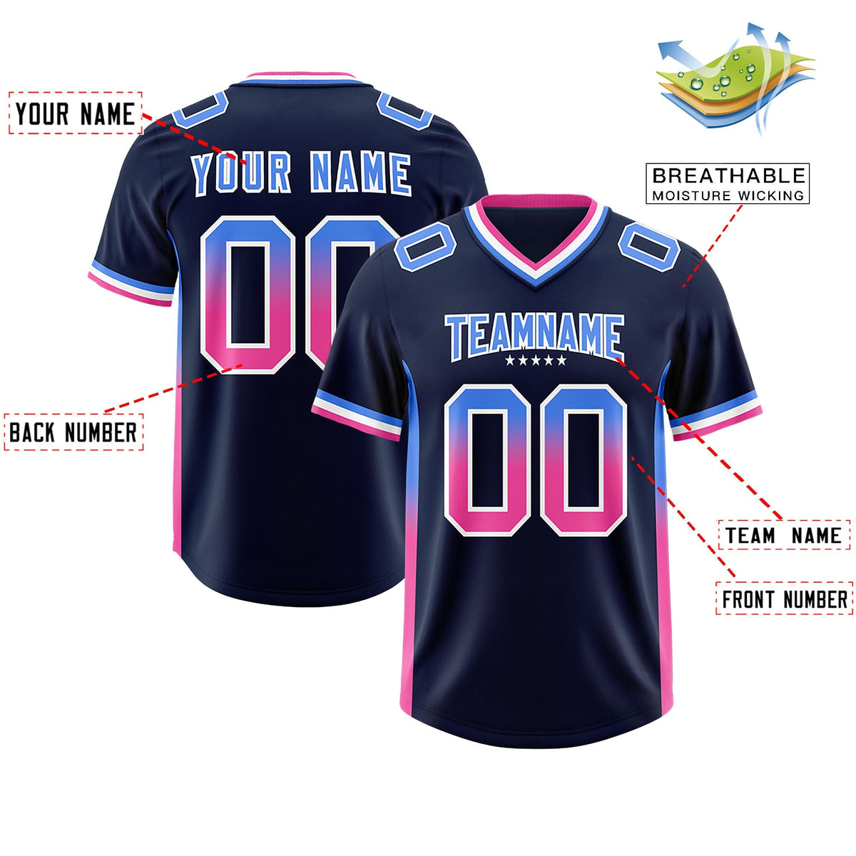 Custom Navy Powder Blue and Pink Sides Gradient Fashion Personalized Team American Football Jersey