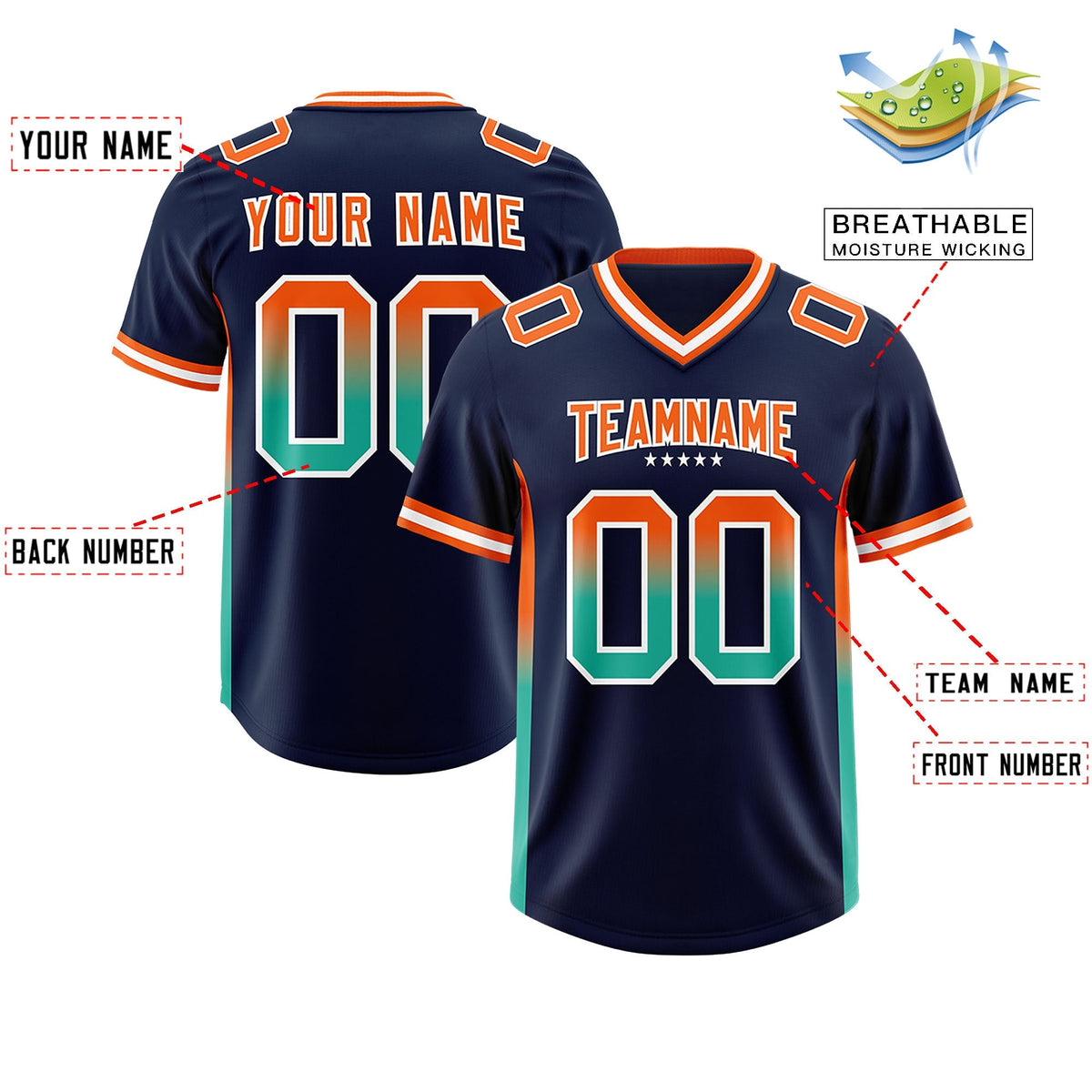 Custom Navy Orange and Bright Green Sides Gradient Fashion Personalized Team American Football Jersey