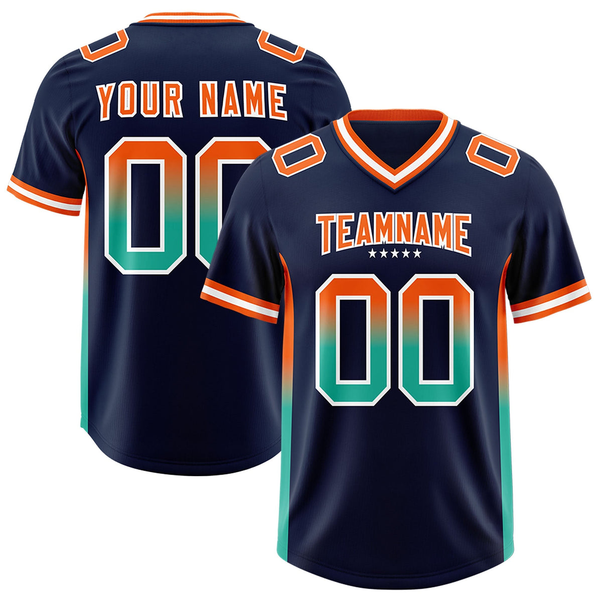 Custom Navy Orange and Bright Green Sides Gradient Fashion Personalized Team American Football Jersey