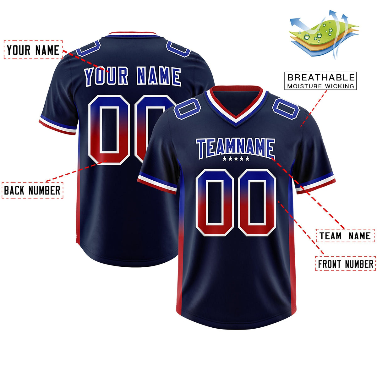 Custom Navy Royal and Red Sides Gradient Fashion Personalized Team American Football Jersey