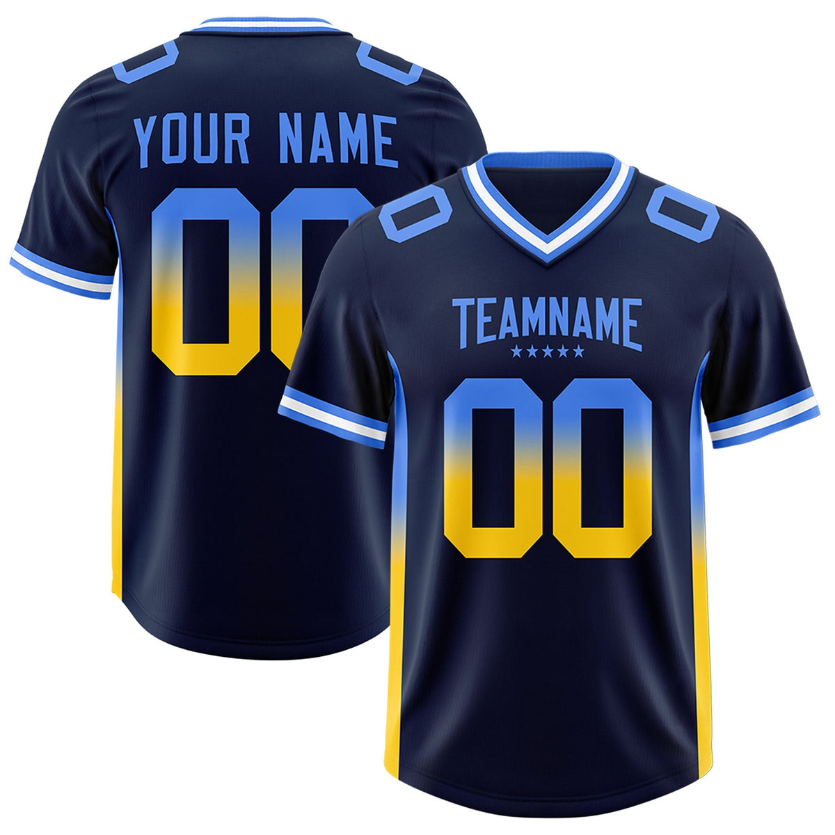 Custom Navy Powder Blue and Gold Sides Gradient Fashion Personalized Team American Football Jersey