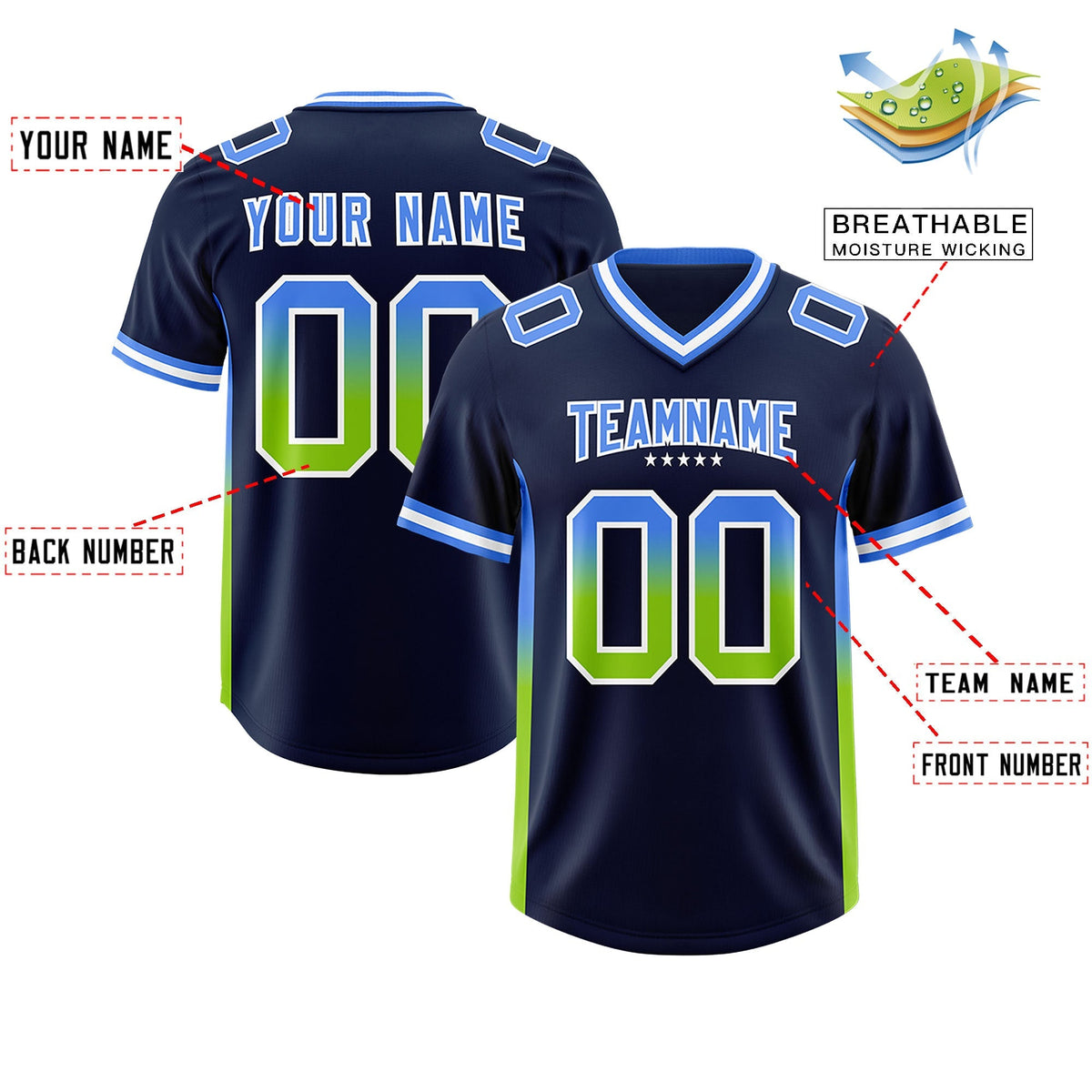 Custom Navy Powder Blue and Neon Green Sides Gradient Fashion Personalized Team American Football Jersey