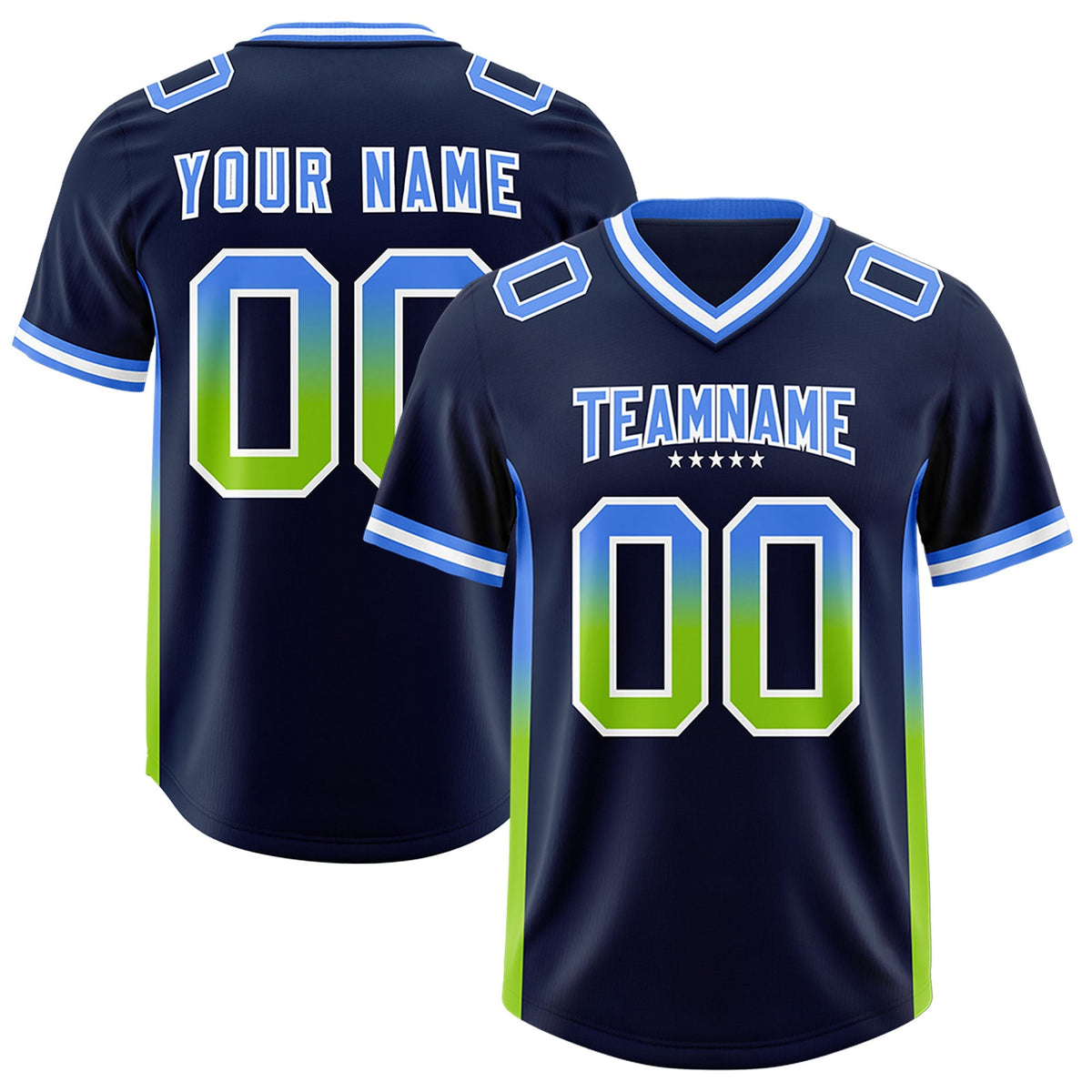 Custom Navy Powder Blue and Neon Green Sides Gradient Fashion Personalized Team American Football Jersey