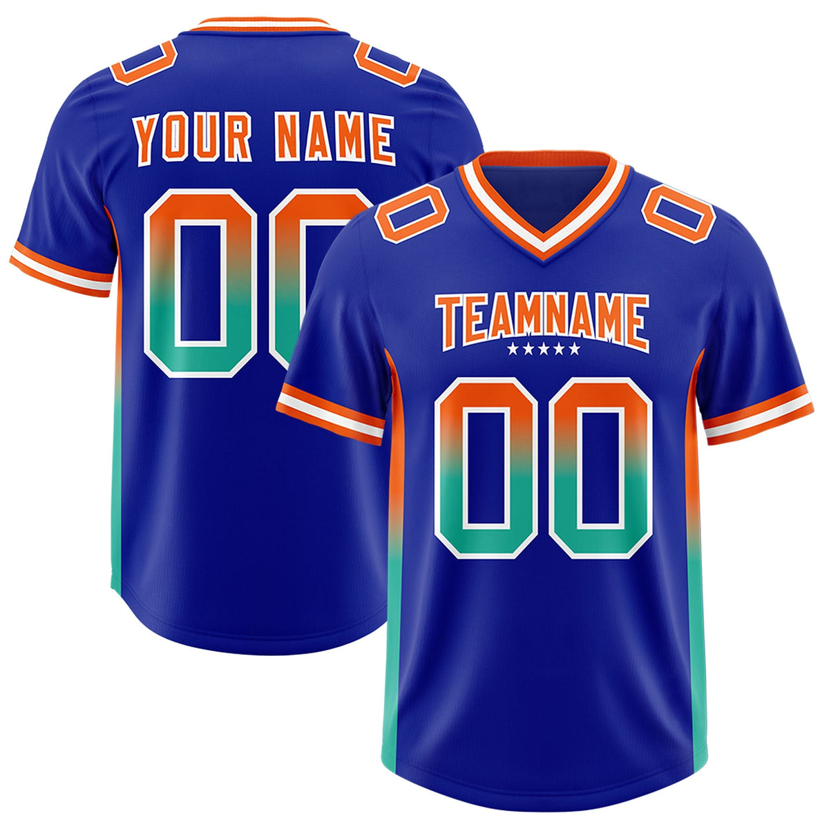 Custom Royal Orange and Bright Green Sides Gradient Fashion Personalized Team American Football Jersey