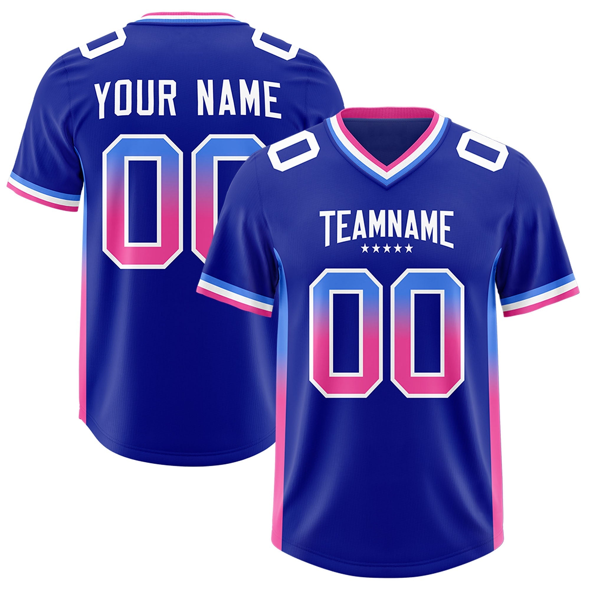 Custom Royal Powder Blue and Pink Sides Gradient Fashion Personalized Team American Football Jersey