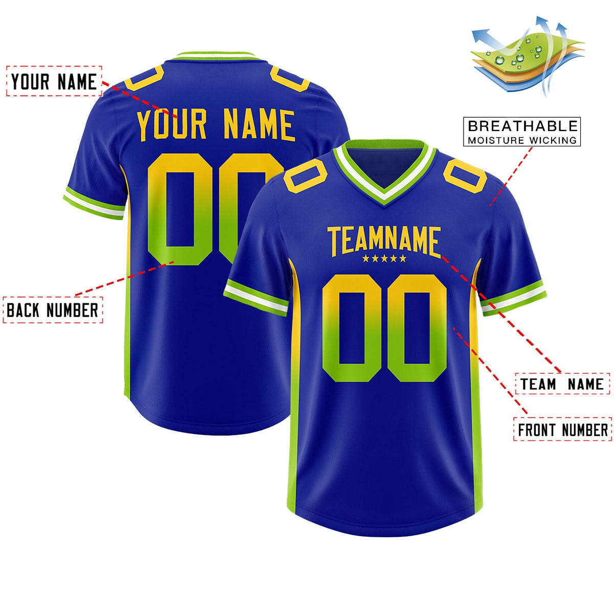 Custom Royal Gold Sides Gradient Fashion Personalized Team American Football Jersey