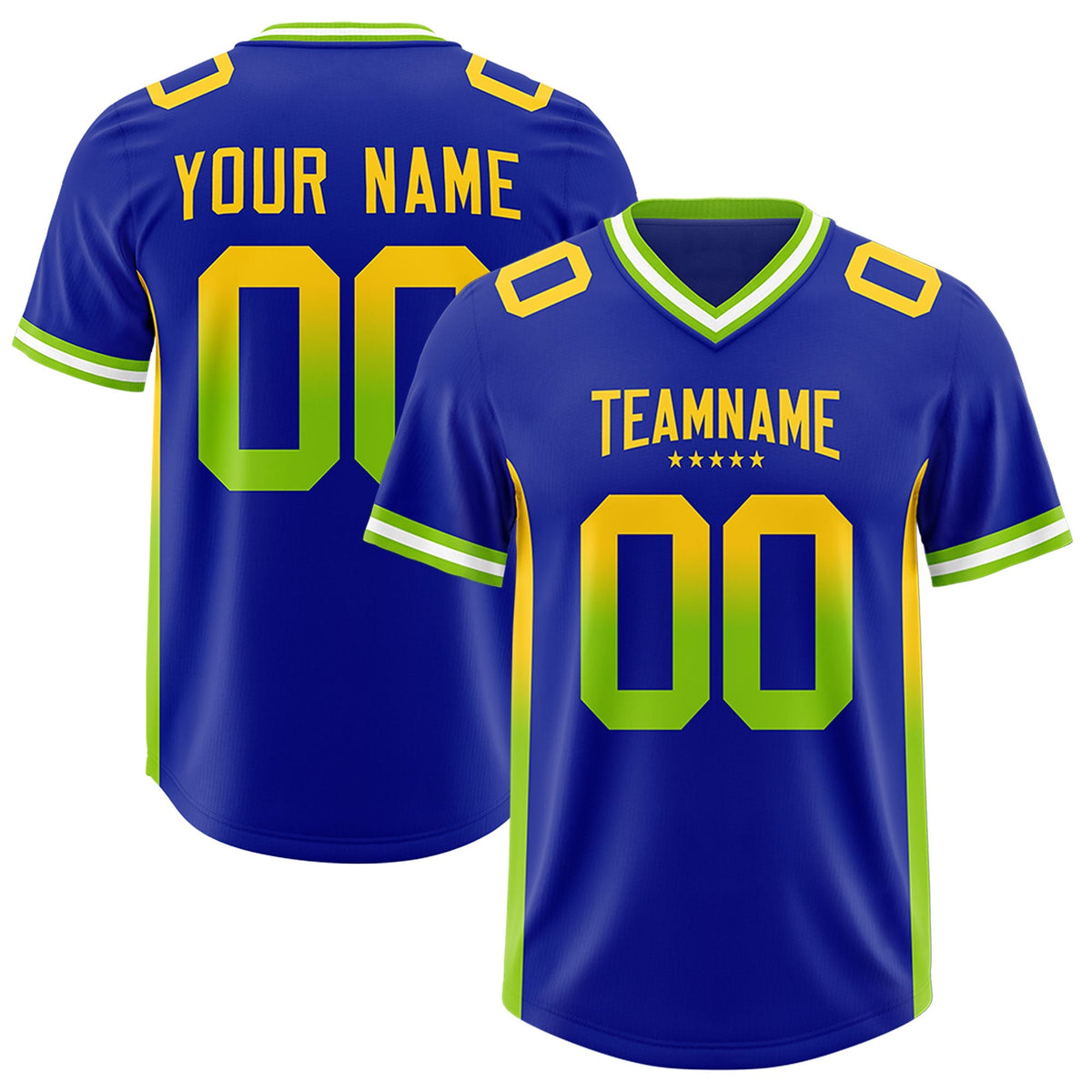 Custom Royal Gold Sides Gradient Fashion Personalized Team American Football Jersey
