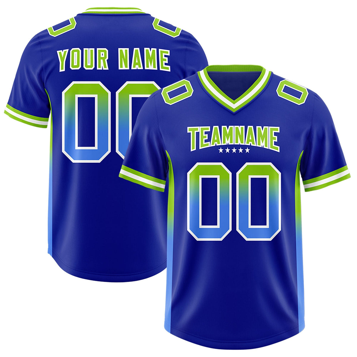 Custom Royal Neon Green and Powder Blue Sides Gradient Fashion Personalized Team American Football Jersey