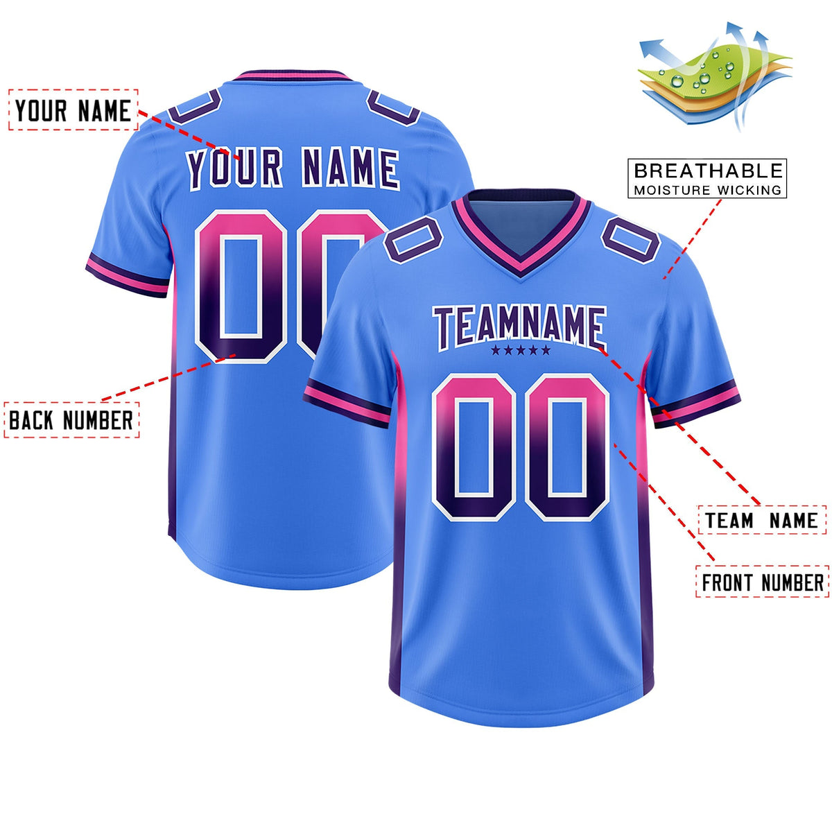 Custom Powder Blue Pink and Purple Sides Gradient Fashion Personalized Team American Football Jersey