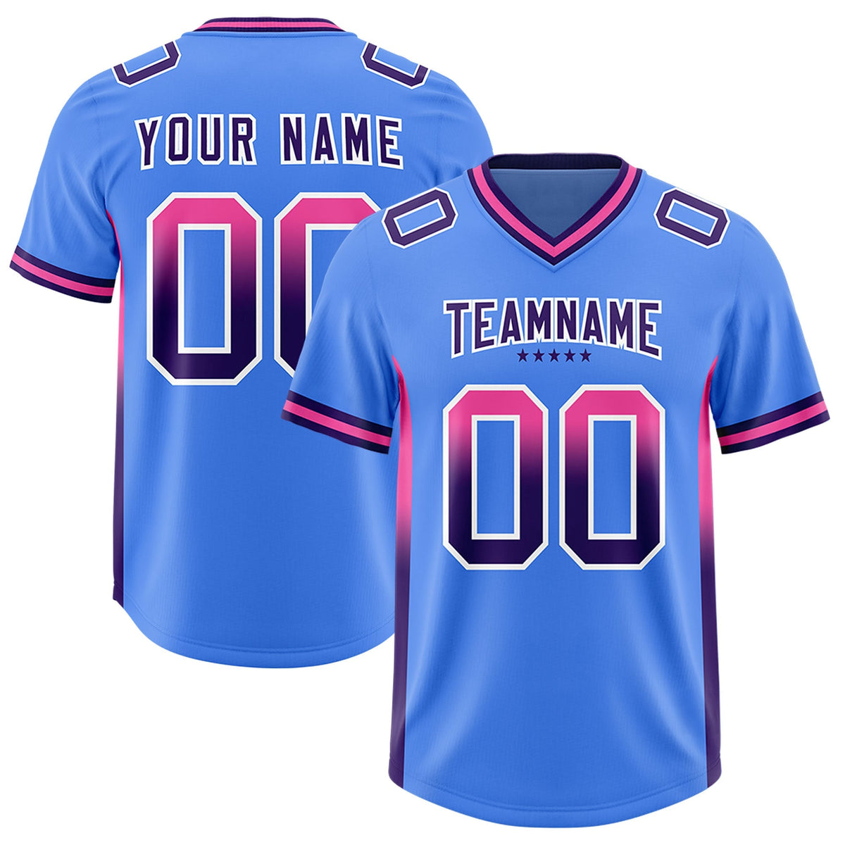 Custom Powder Blue Pink and Purple Sides Gradient Fashion Personalized Team American Football Jersey