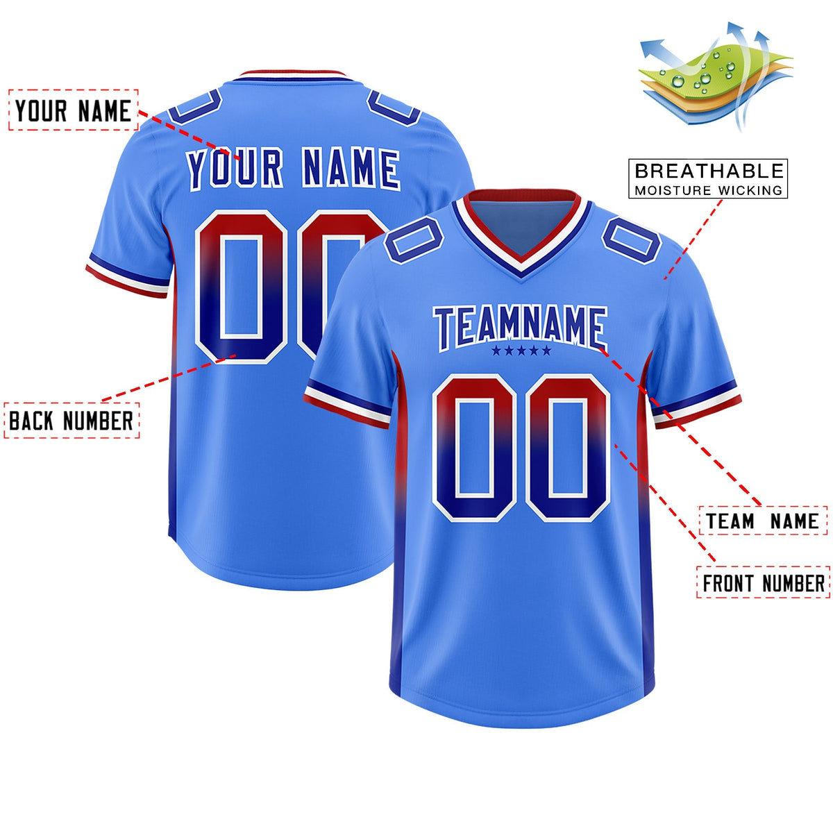Custom Powder Blue Red and Royal Sides Gradient Fashion Personalized Team American Football Jersey