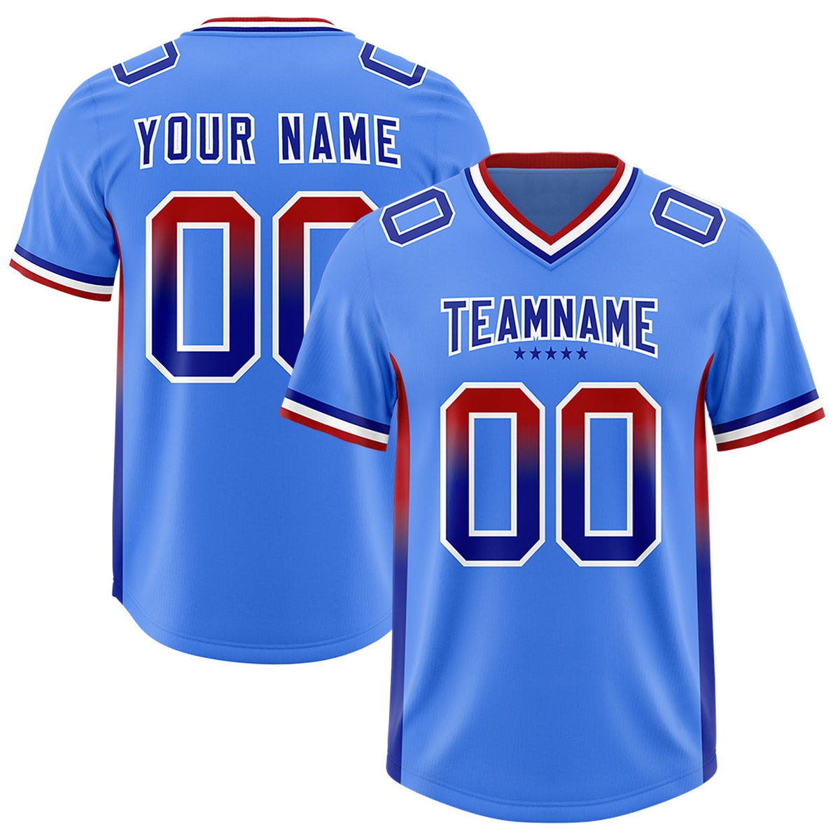Custom Powder Blue Red and Royal Sides Gradient Fashion Personalized Team American Football Jersey