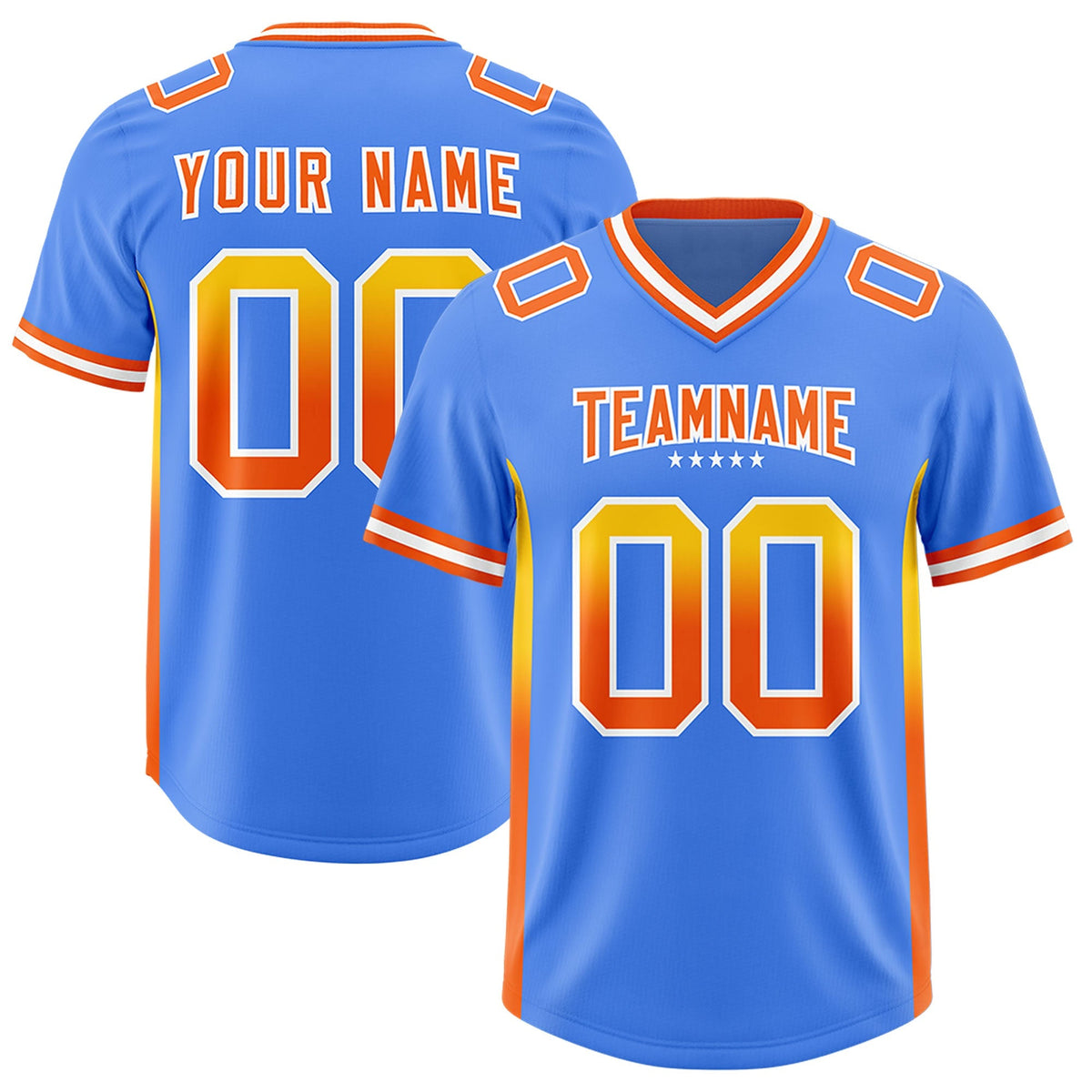 Custom Powder Blue Gold and  Sides Gradient Fashion Personalized Team American Football Jersey