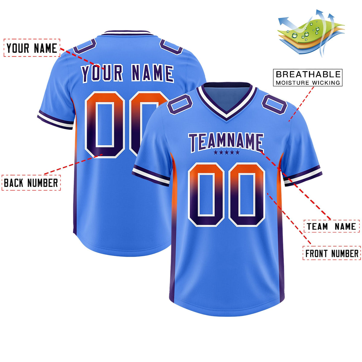Custom Powder Blue Orange and Purple Sides Gradient Fashion Personalized Team American Football Jersey