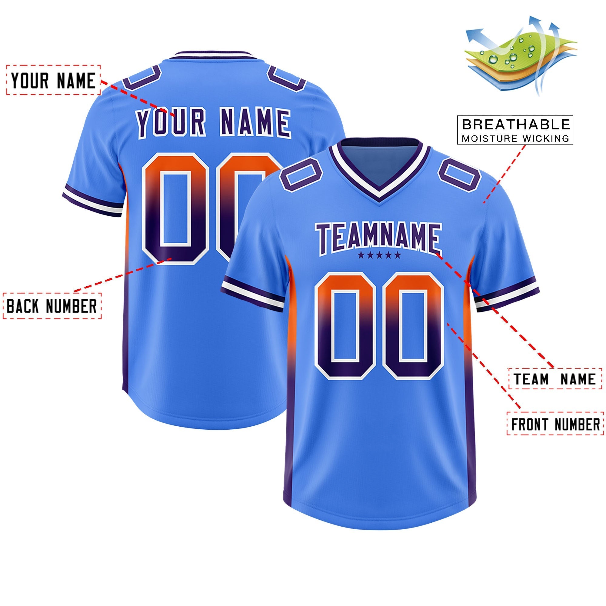 Custom Powder Blue Orange and Purple Sides Gradient Fashion Personalized Team American Football Jersey