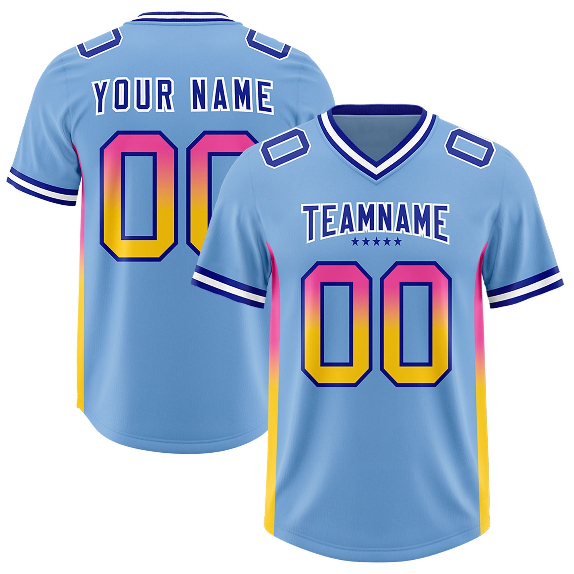 Custom Powder Blue Pink and Gold Sides Gradient Fashion Personalized Team American Football Jersey