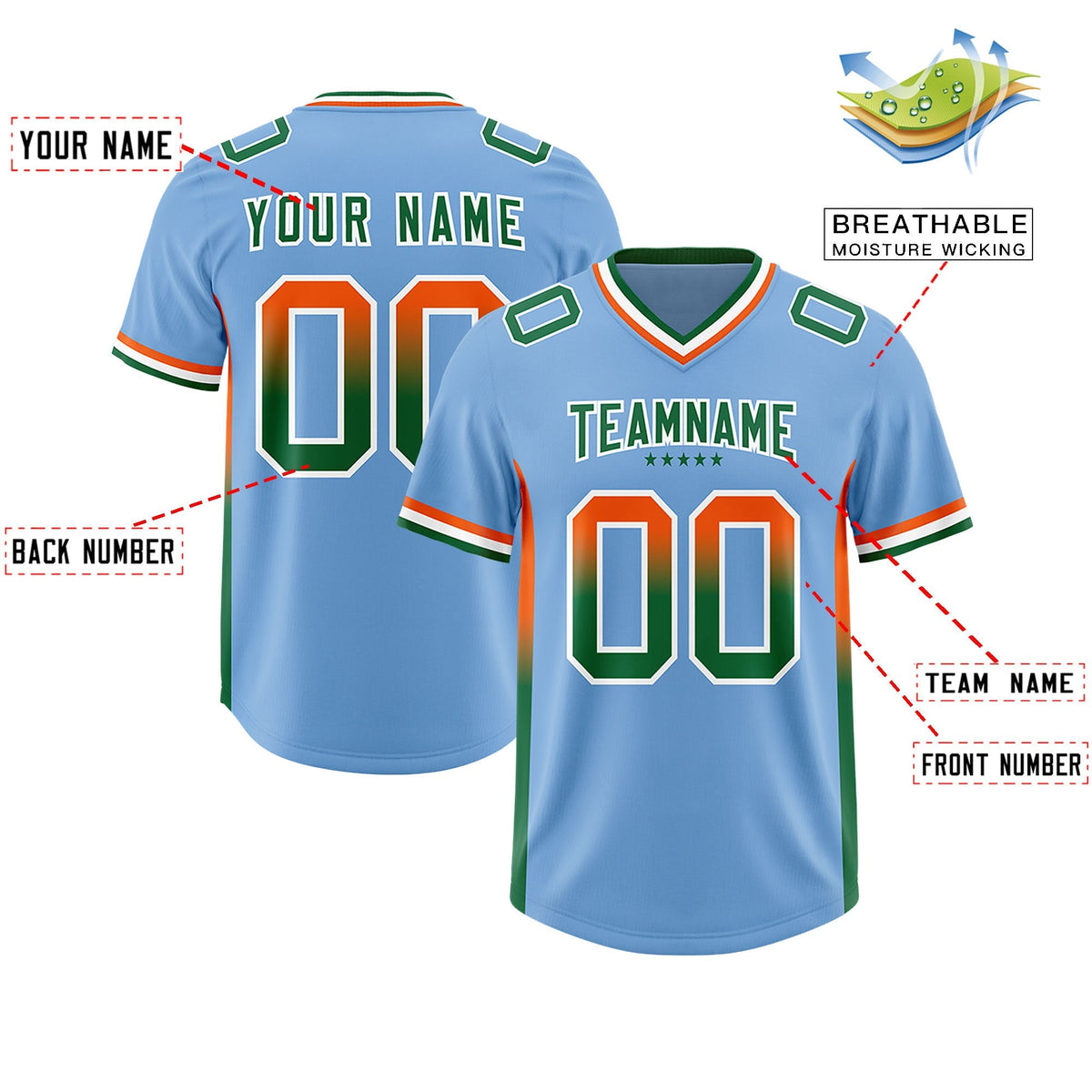Custom Powder Blue Orange and Kelly Green Sides Gradient Fashion Personalized Team American Football Jersey