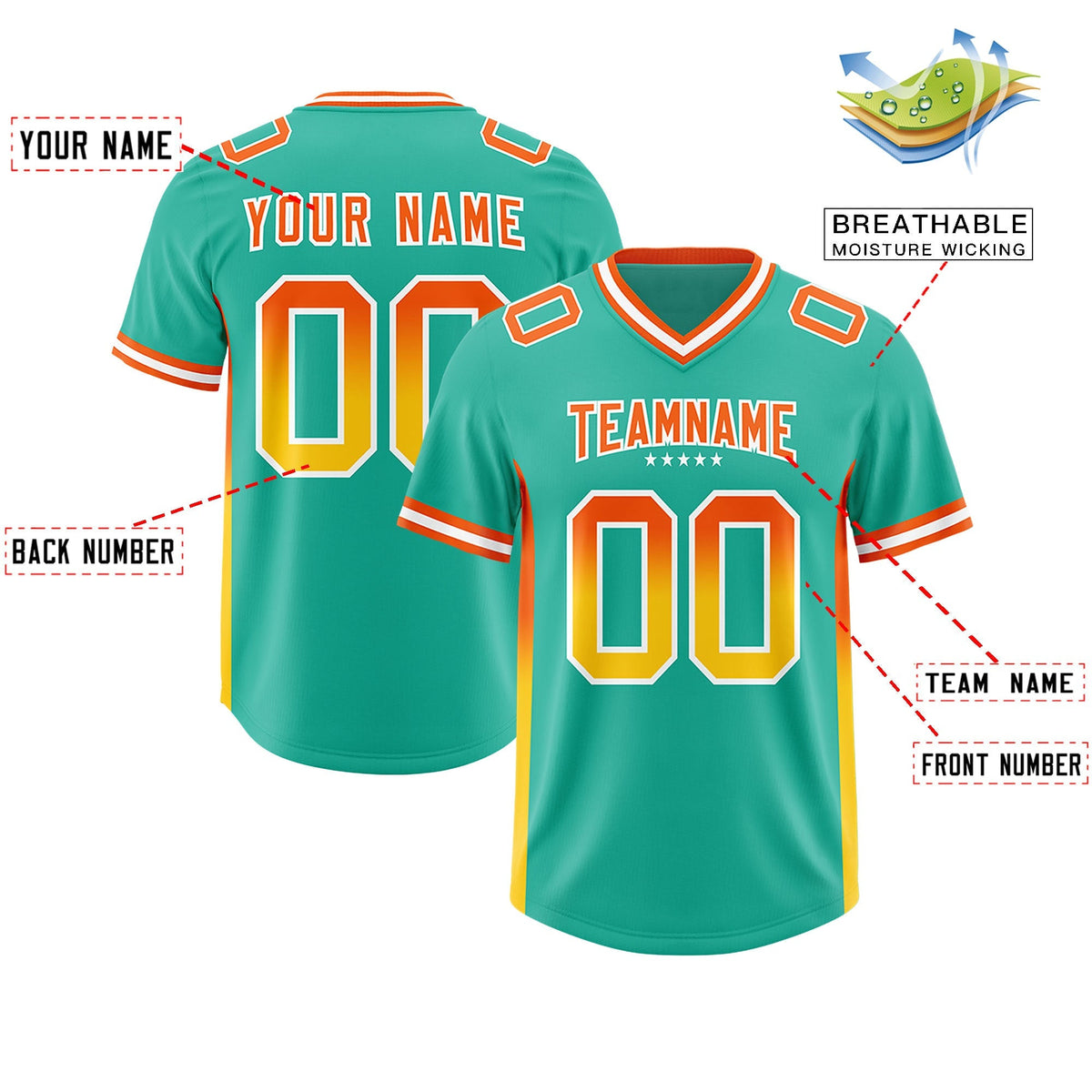 Custom Bright Green Orange and Gold Sides Gradient Fashion Personalized Team American Football Jersey