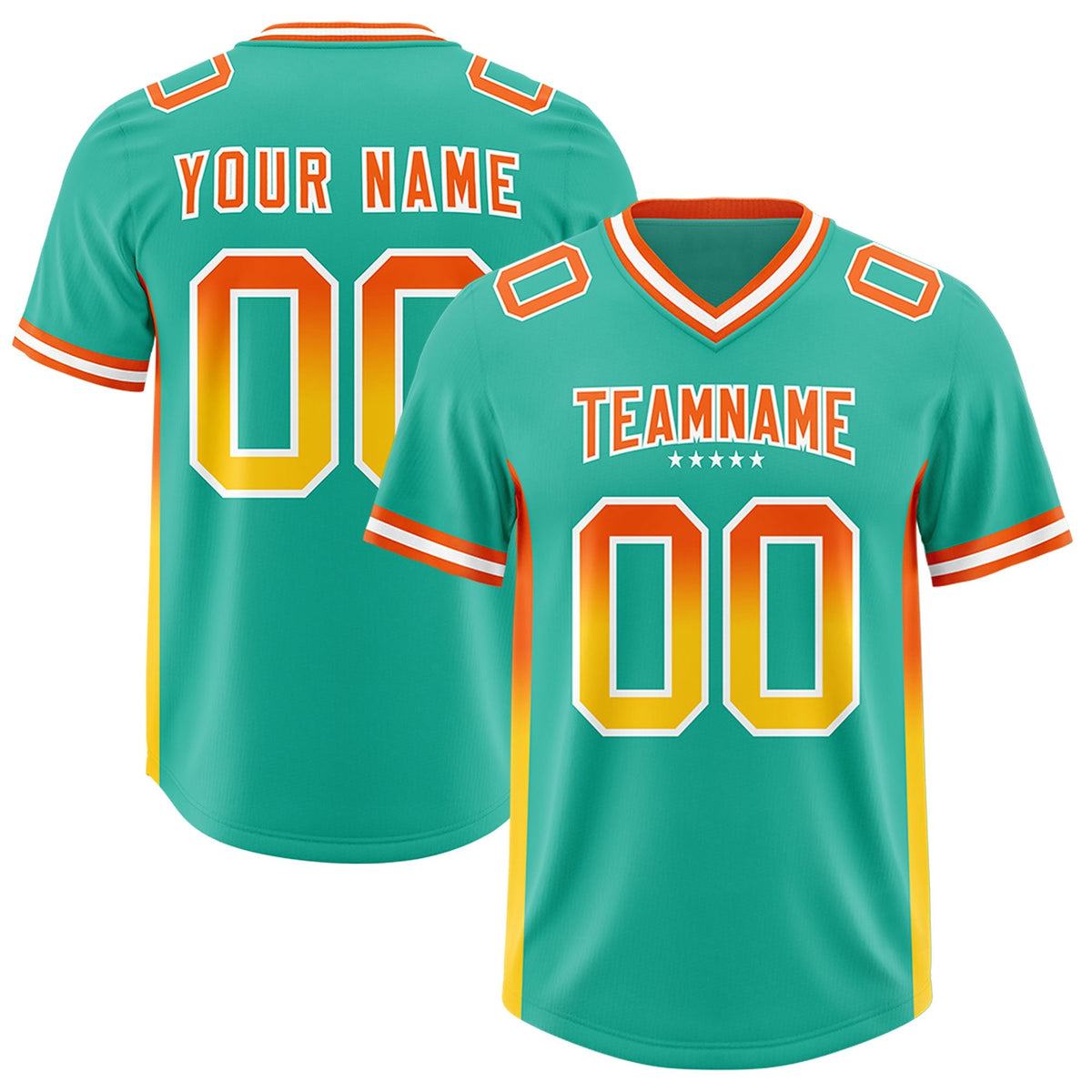 Custom Bright Green Orange and Gold Sides Gradient Fashion Personalized Team American Football Jersey