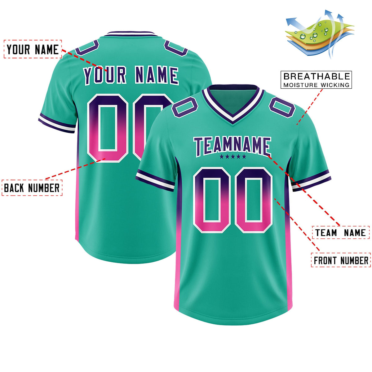 Custom Bright Green Purple and Pink Sides Gradient Fashion Personalized Team American Football Jersey
