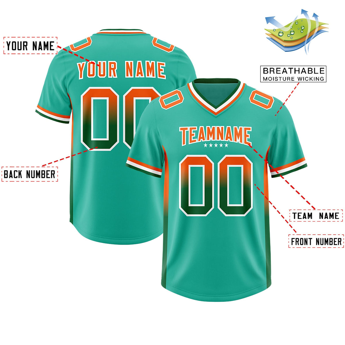 Custom Bright Green Orange and Kelly Green Sides Gradient Fashion Personalized Team American Football Jersey