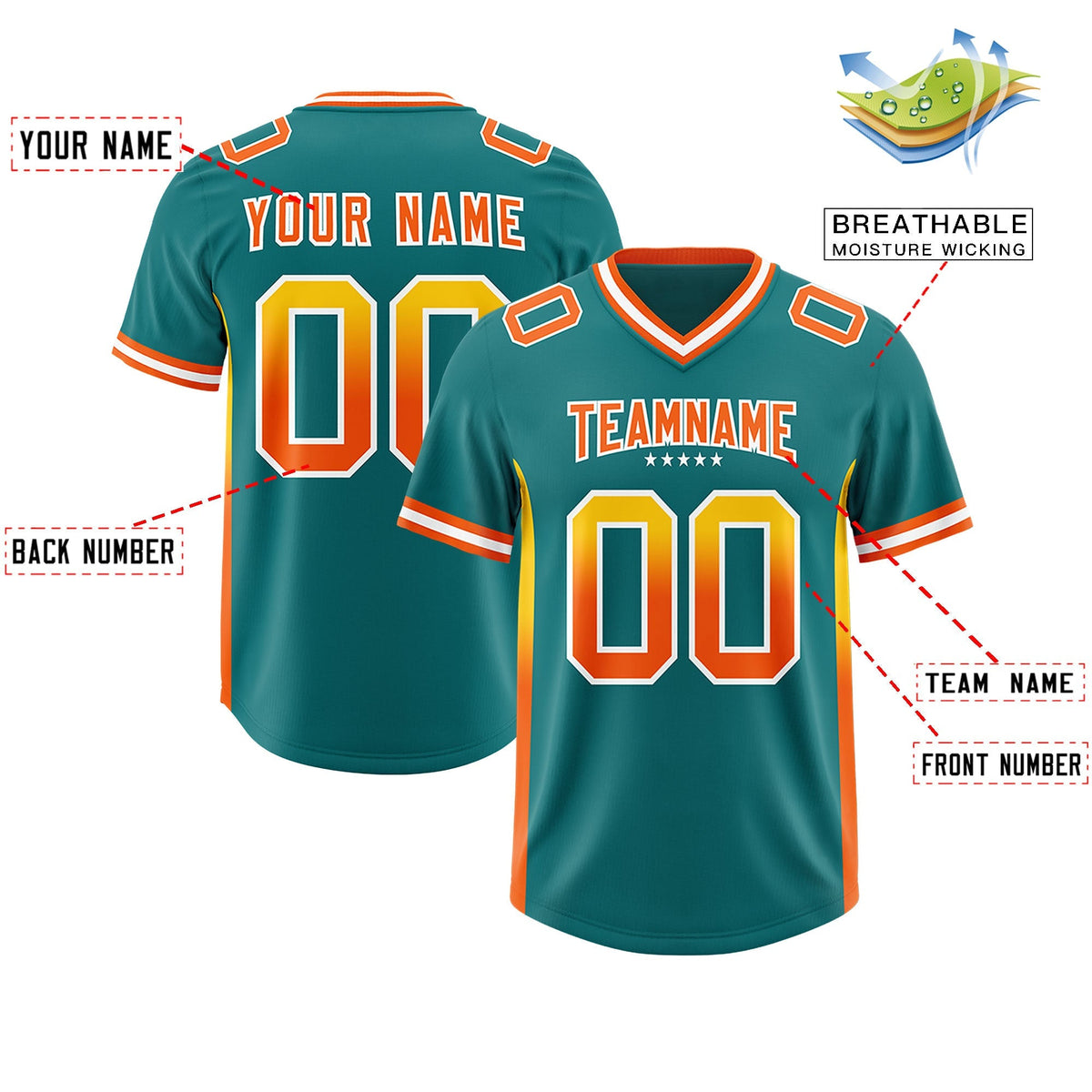 Custom Aqua Gold Sides Gradient Fashion Personalized Team American Football Jersey