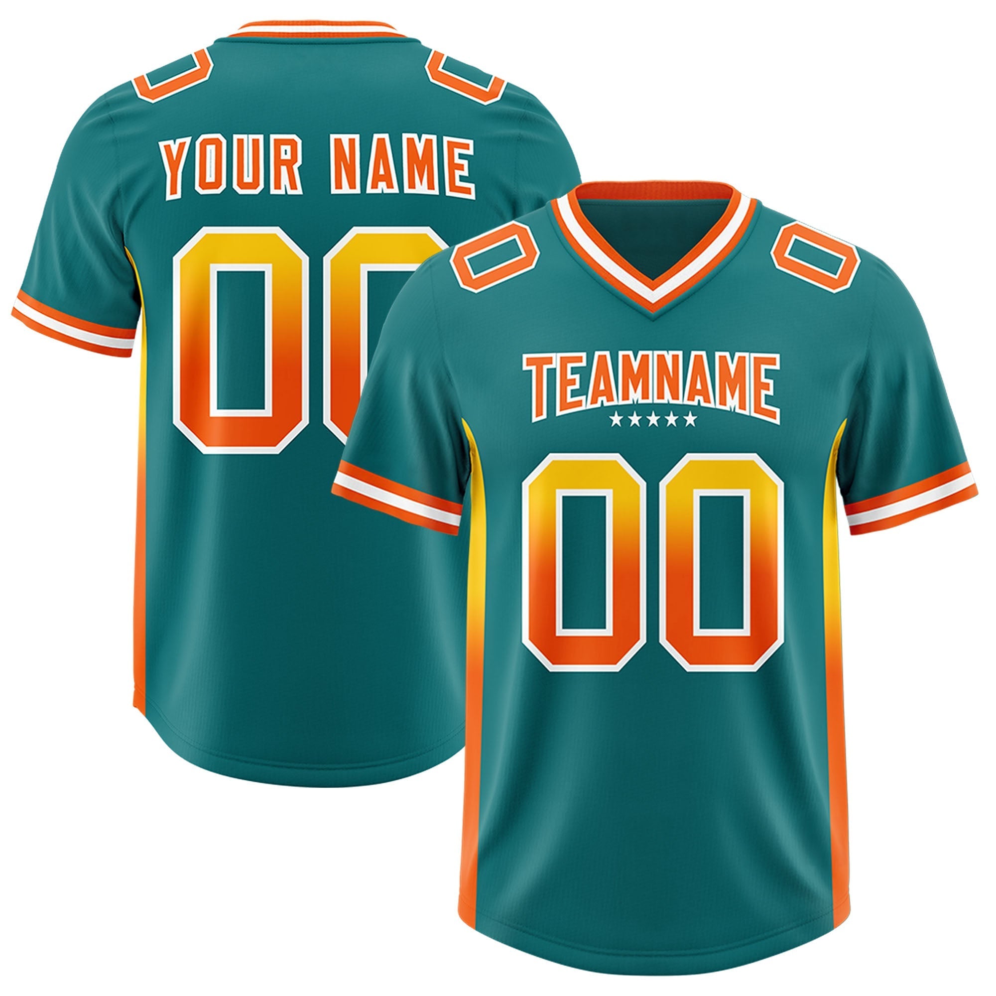 Custom Aqua Gold Sides Gradient Fashion Personalized Team American Football Jersey