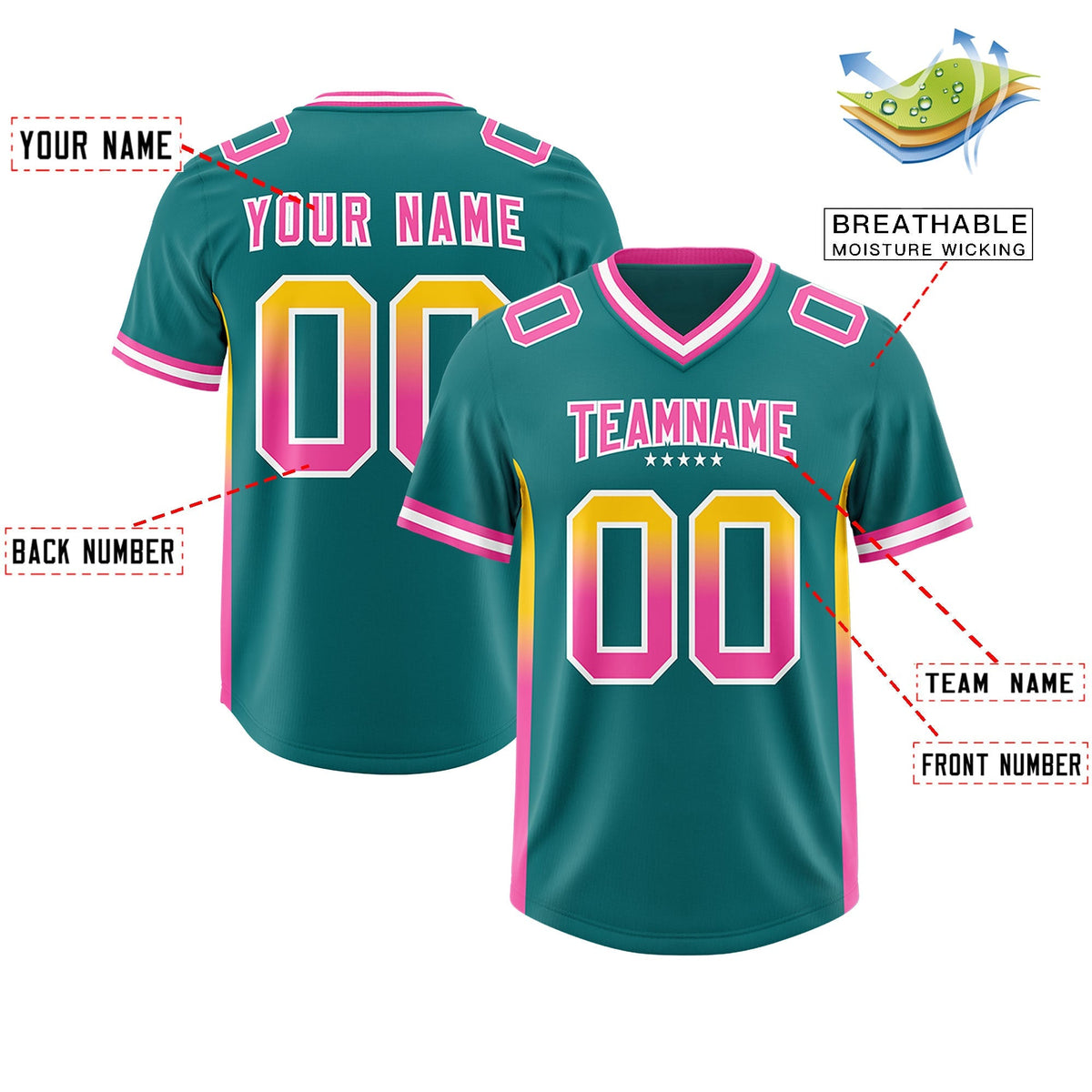 Custom Aqua Gold Sides Gradient Fashion Personalized Team American Football Jersey