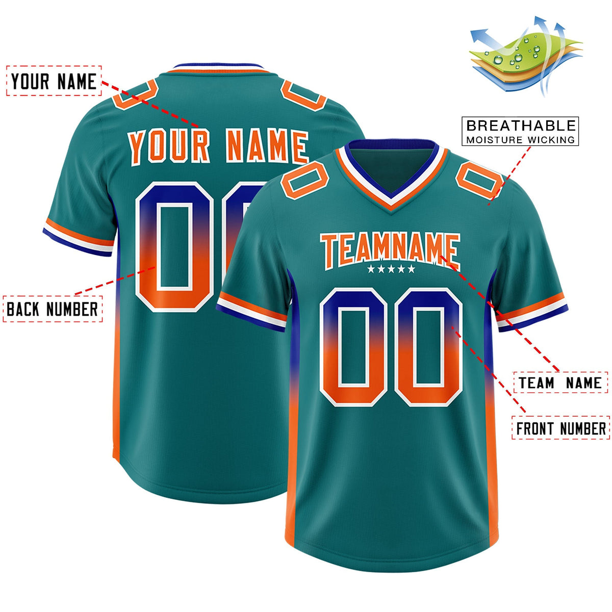 Custom Aqua Royal and Orange Sides Gradient Fashion Personalized Team American Football Jersey