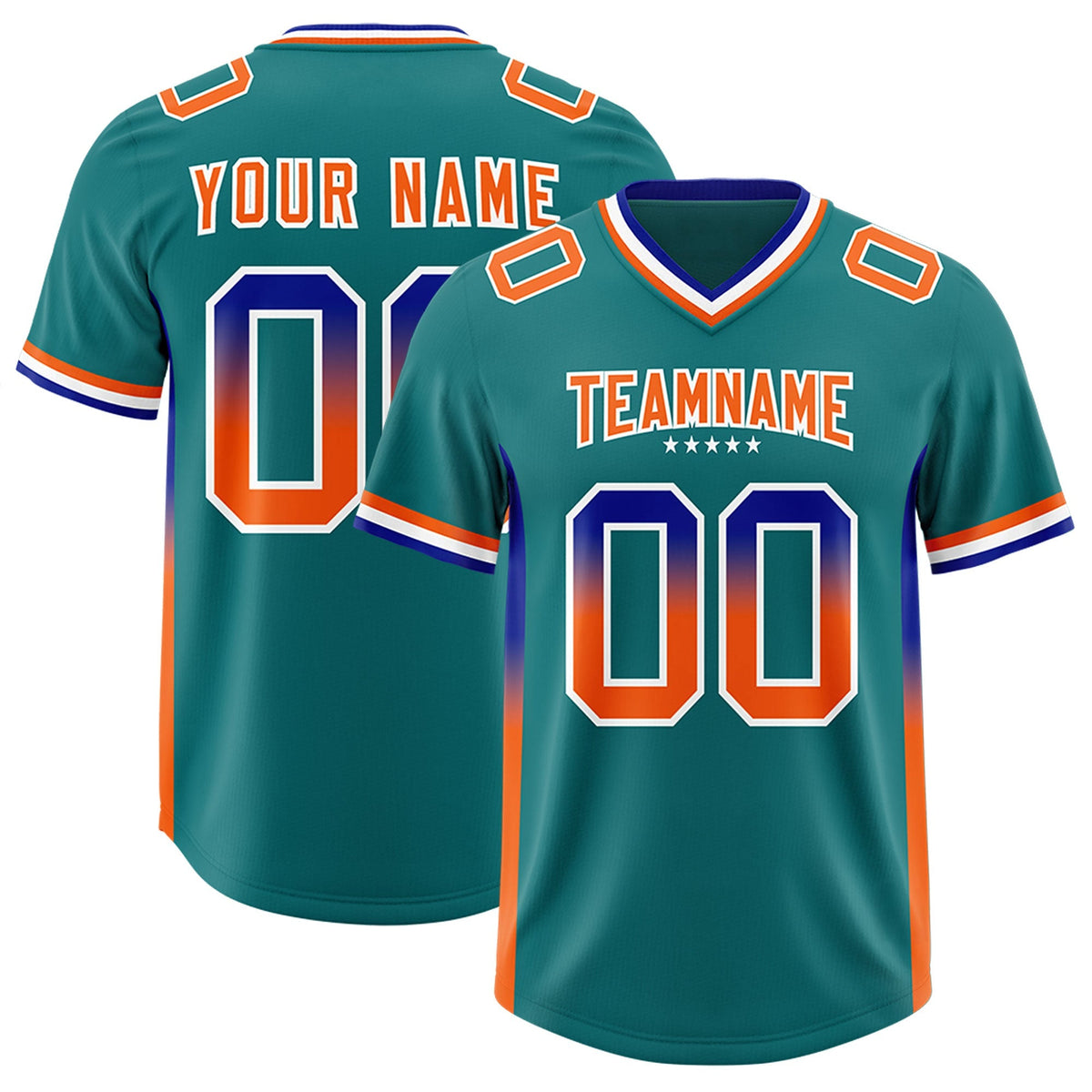 Custom Aqua Royal and Orange Sides Gradient Fashion Personalized Team American Football Jersey