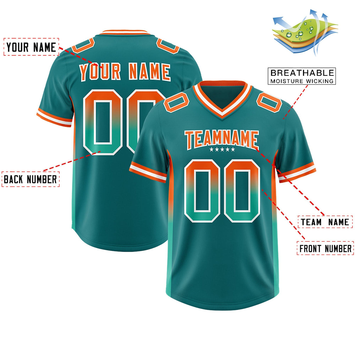 Custom Aqua Orange and Bright Green Sides Gradient Fashion Personalized Team American Football Jersey