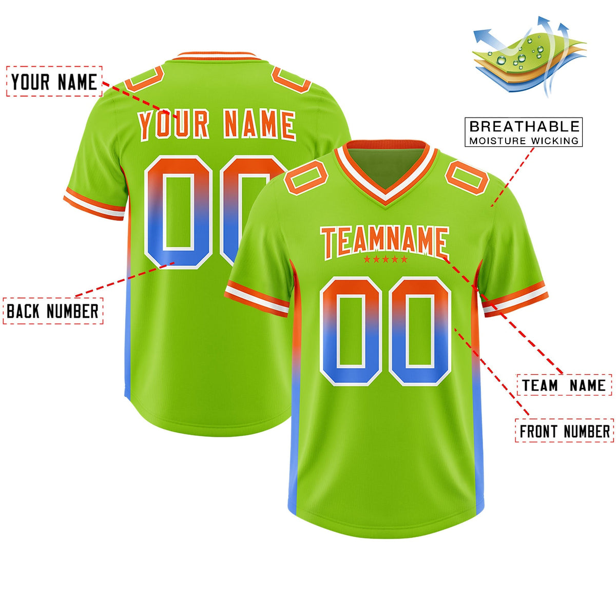 Custom Neon Green Orange and Powder Blue Sides Gradient Fashion Personalized Team American Football Jersey