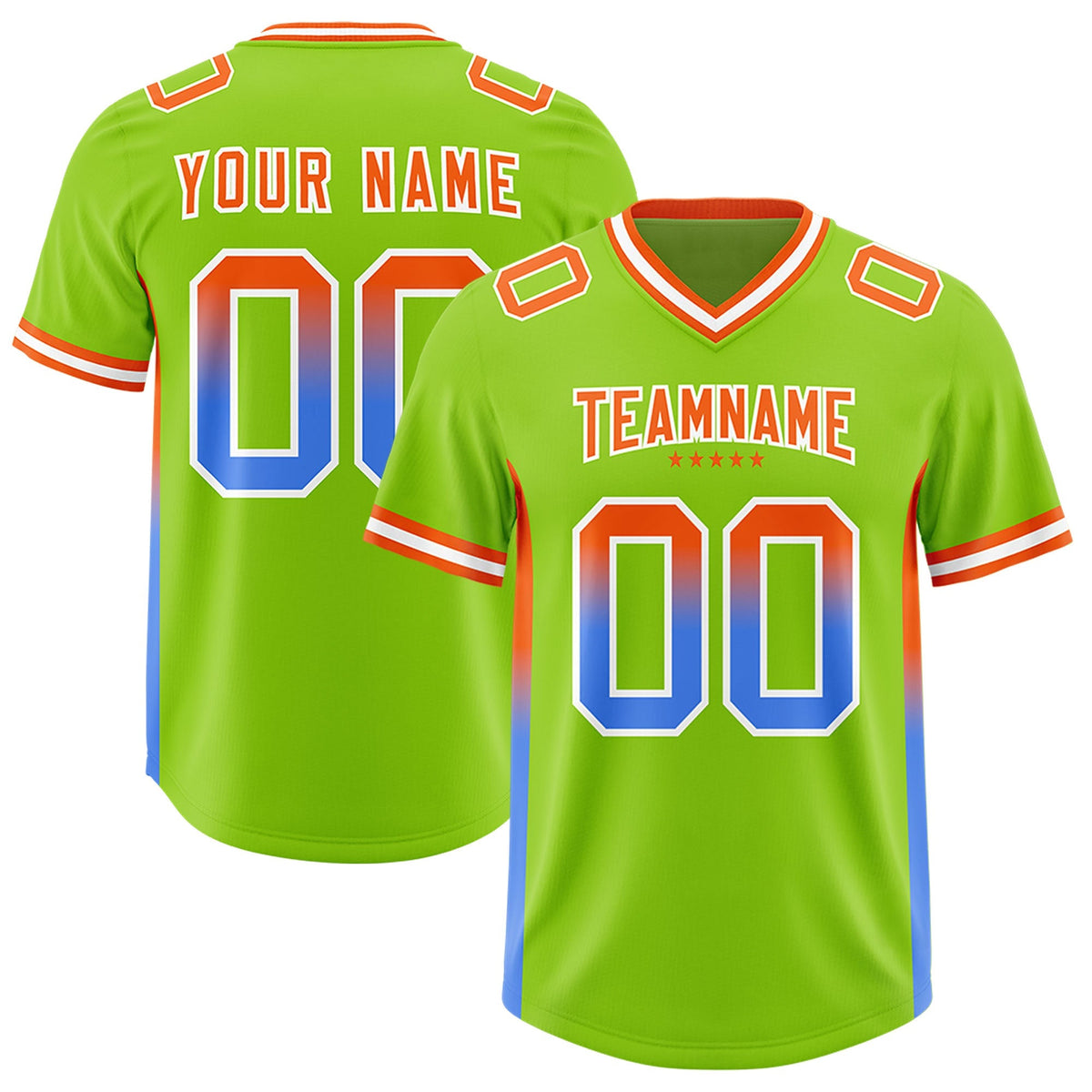 Custom Neon Green Orange and Powder Blue Sides Gradient Fashion Personalized Team American Football Jersey