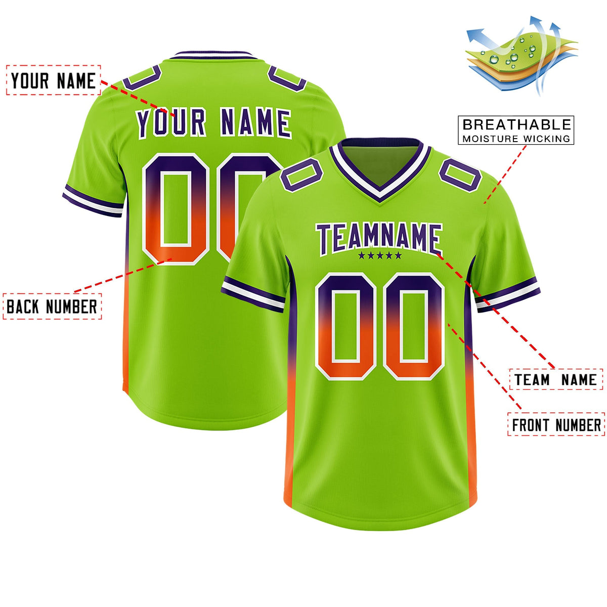 Custom Neon Green Purple and Orange Sides Gradient Fashion Personalized Team American Football Jersey