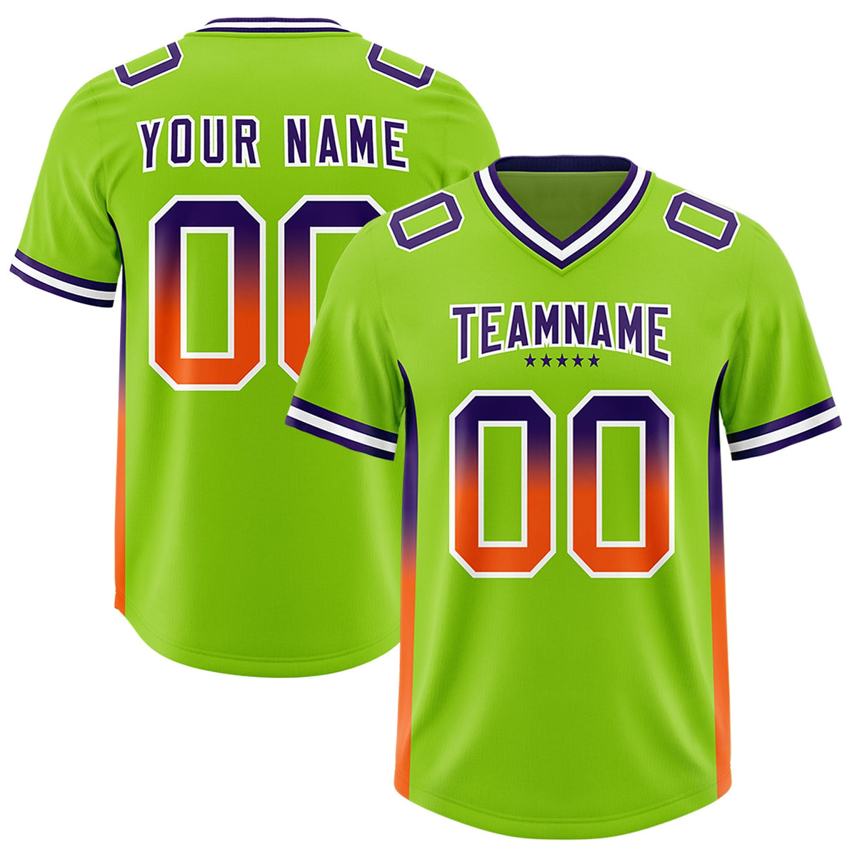 Custom Neon Green Purple and Orange Sides Gradient Fashion Personalized Team American Football Jersey