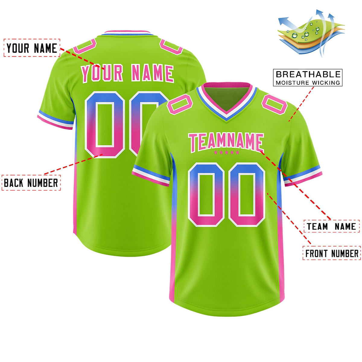 Custom Neon Green Powder Blue and Pink Sides Gradient Fashion Personalized Team American Football Jersey