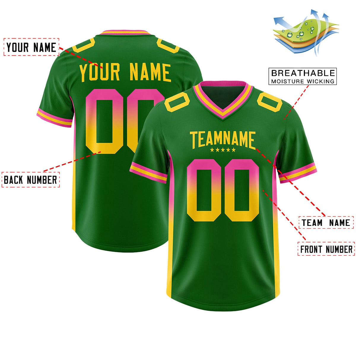 Custom Kelly Green Pink and Gold Sides Gradient Fashion Personalized Team American Football Jersey
