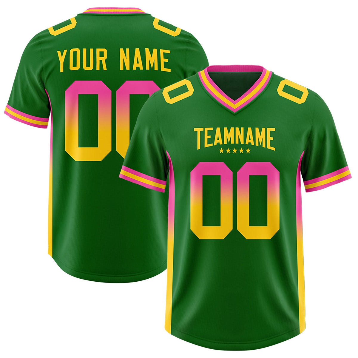 Custom Kelly Green Pink and Gold Sides Gradient Fashion Personalized Team American Football Jersey